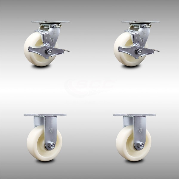 5 Inch Stainless Steel Nylon Caster Set with Ball Bearings 2 Brakes 2 Rigid SCC
